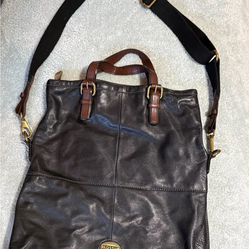 Fossil Black and Brown Leather Messenger Bag